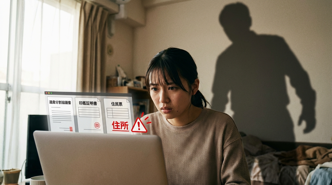 相続手続きで提出する印鑑証明書や住民票から、DV加害者に現住所が知られてしまうリスクを暗示するイラスト。