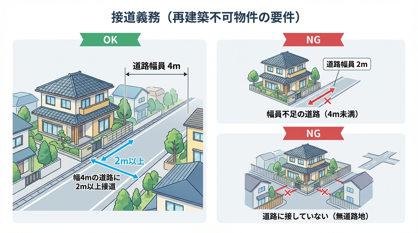 再建築不可物件の理由となる接道義務を説明する図解。再建築可能な例と、道路の幅が足りない、道路に接していないという再建築不可な例を比較している。