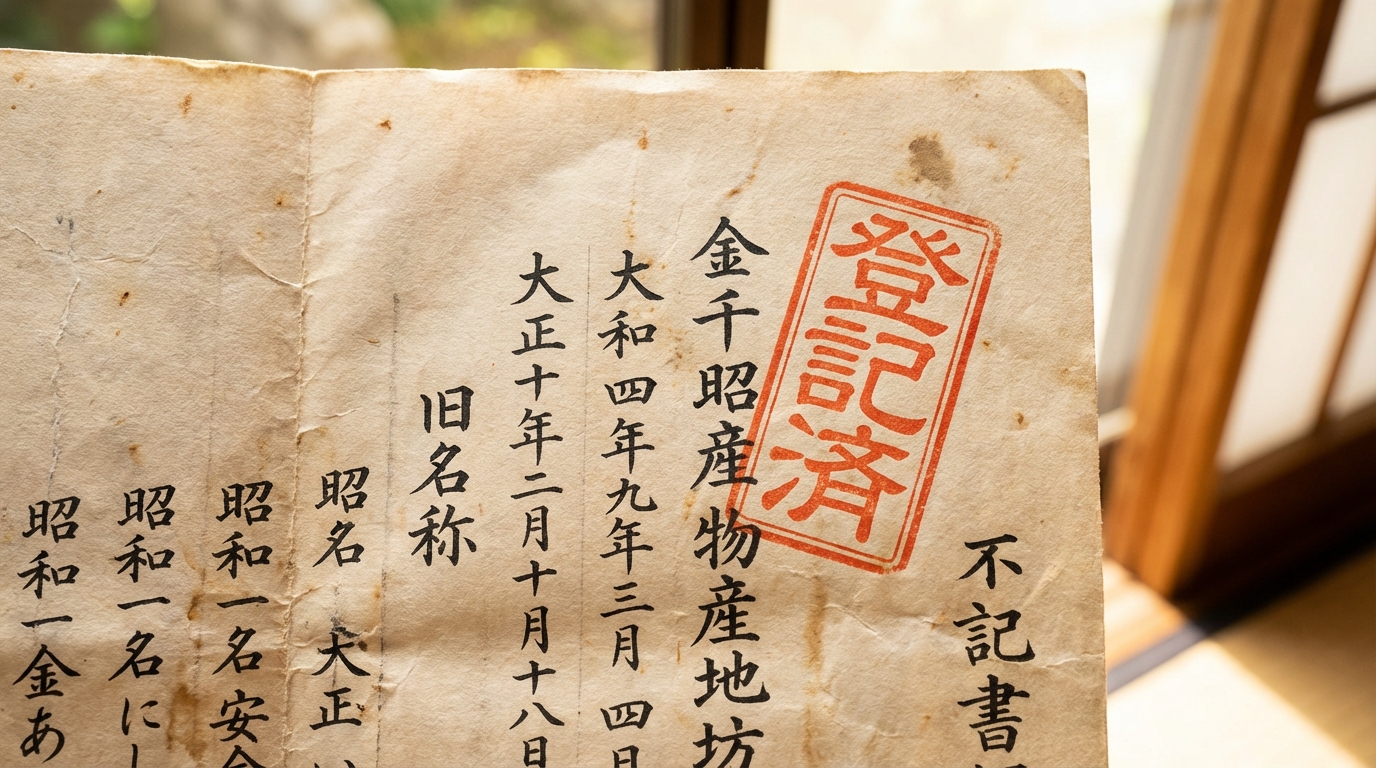 ogai_image_1 | いがり円満相続相談室 法務局の朱色の印鑑が押された、昔の不動産の権利証である登記済証。