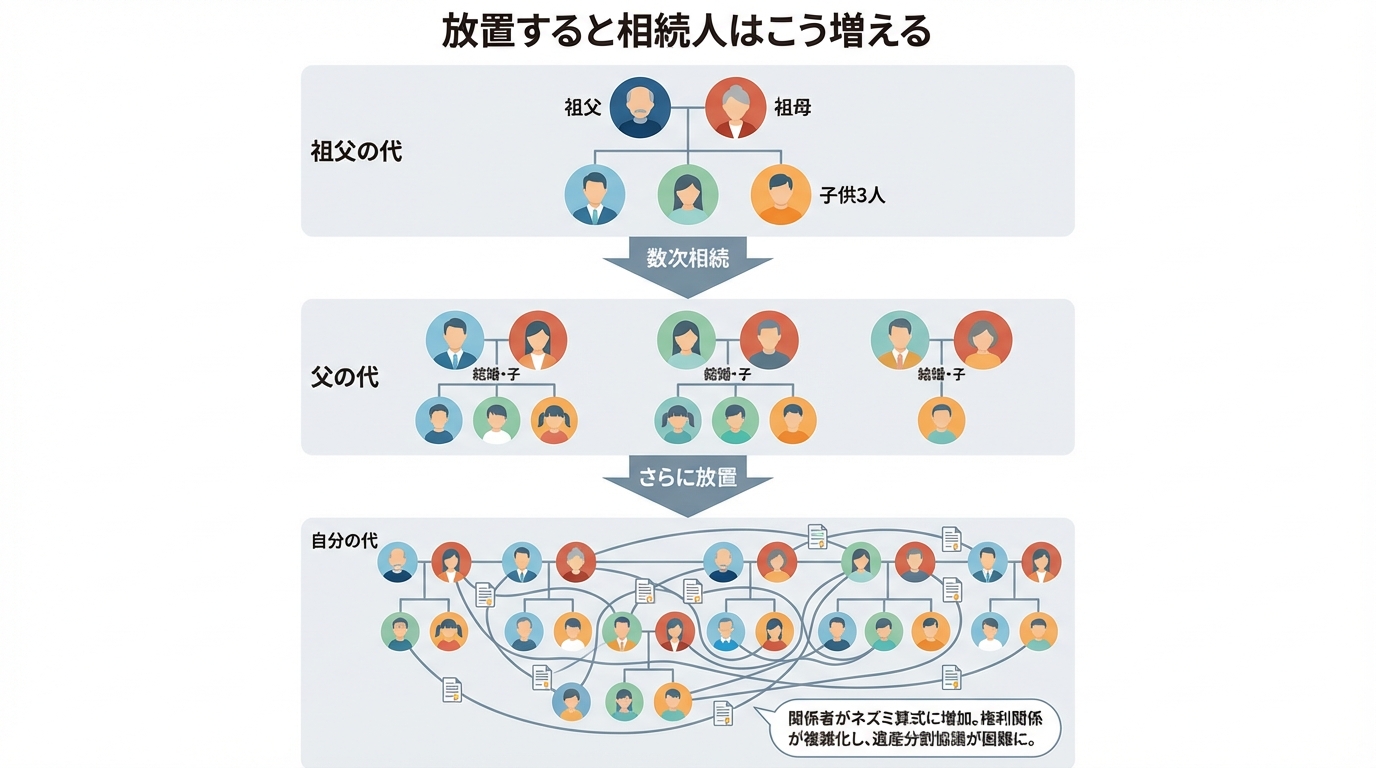 ogai_image_1 | いがり円満相続相談室 数次相続によって相続人がネズミ算式に増えていく様子を示した図解。祖父の代では数人だった相続人が、孫の代には十数人にまで膨れ上がっている。