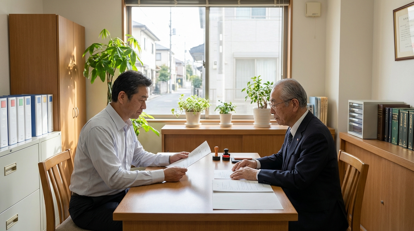 ogai_image_1 | いがり円満相続相談室 公証役場で公正証書遺言の検索について相談している相続人の男性