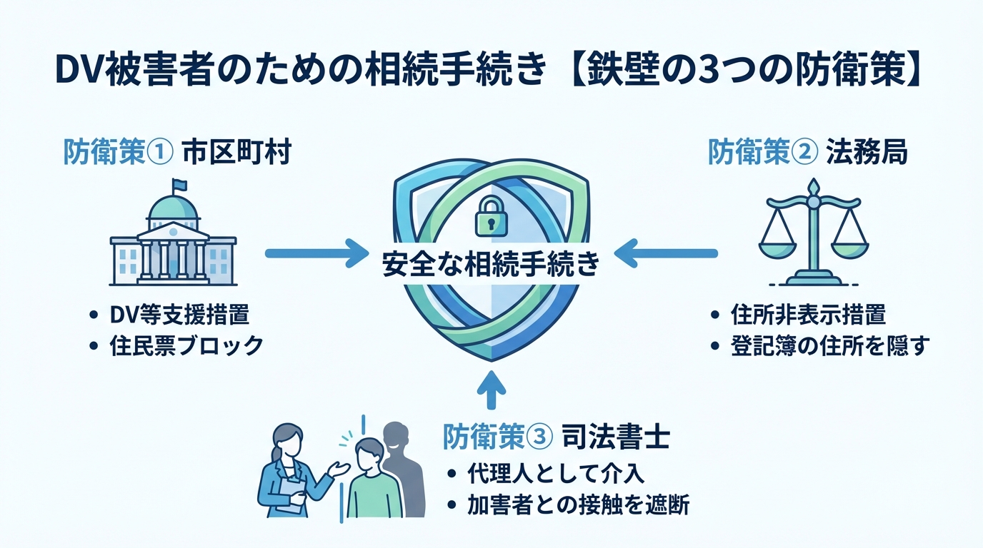 DV被害者が相続手続きで身を守るための3つの防衛策（DV等支援措置、住所非表示措置、司法書士への依頼）をまとめた図解。