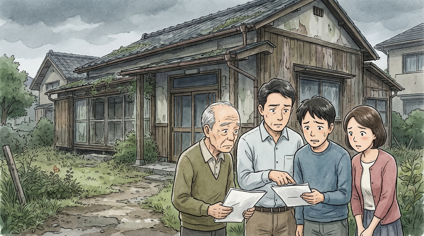 再建築不可物件を相続し、家の前で途方に暮れる家族。相続登記を放置することのリスクを象徴している。