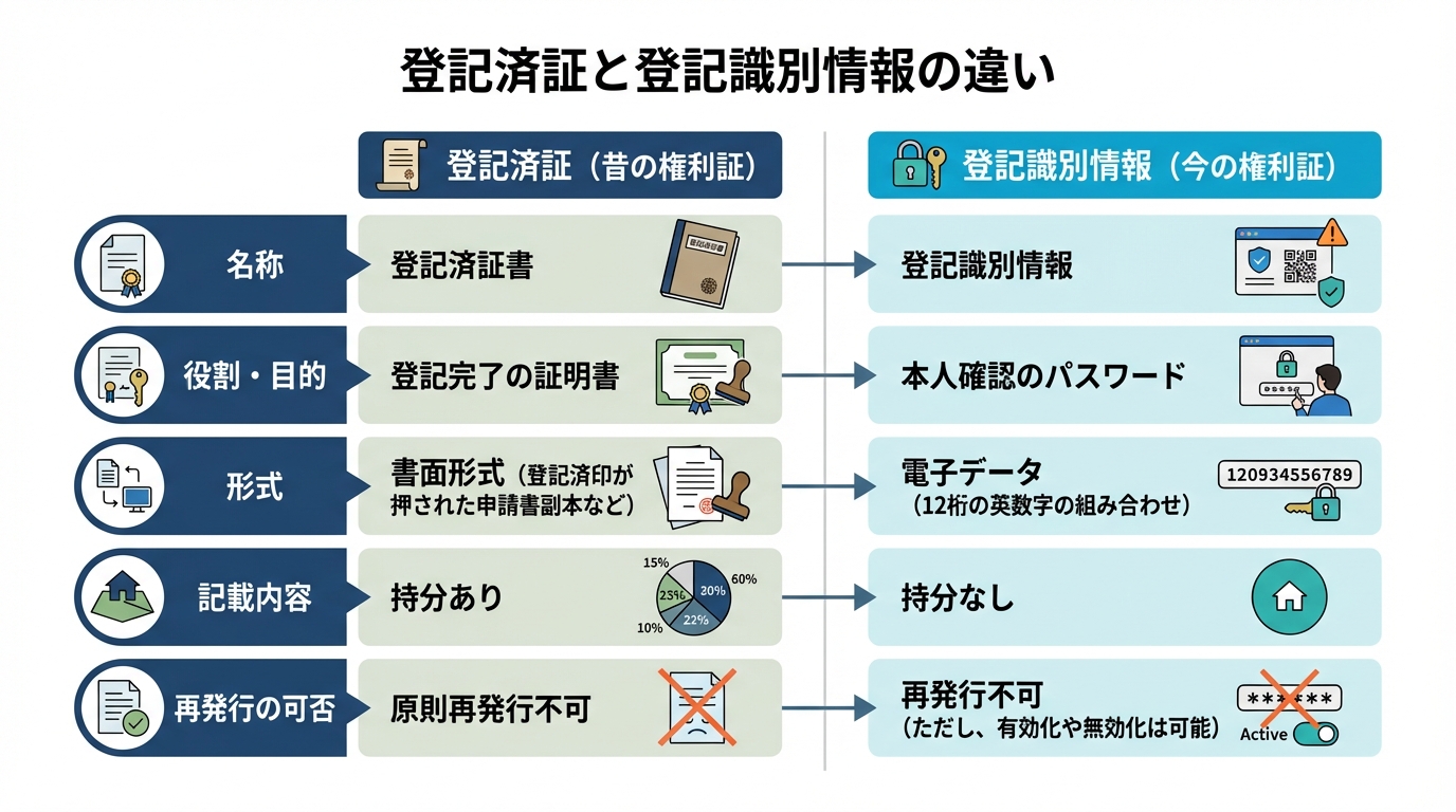 ogai_image_2 | いがり円満相続相談室 登記済証と登記識別情報の違いを比較した図解。「役割・目的」と「記載内容(持分の有無)」の違いが明確に示されている。