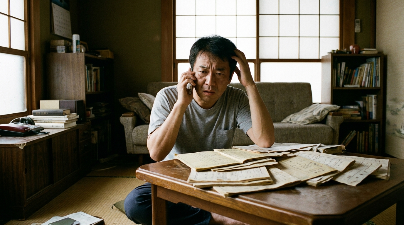 ogai_image_2 | いがり円満相続相談室 古い戸籍謄本の束を前に、電話を片手に困惑した表情で頭を抱える中年の男性。相続手続きの複雑さに途方に暮れている様子。