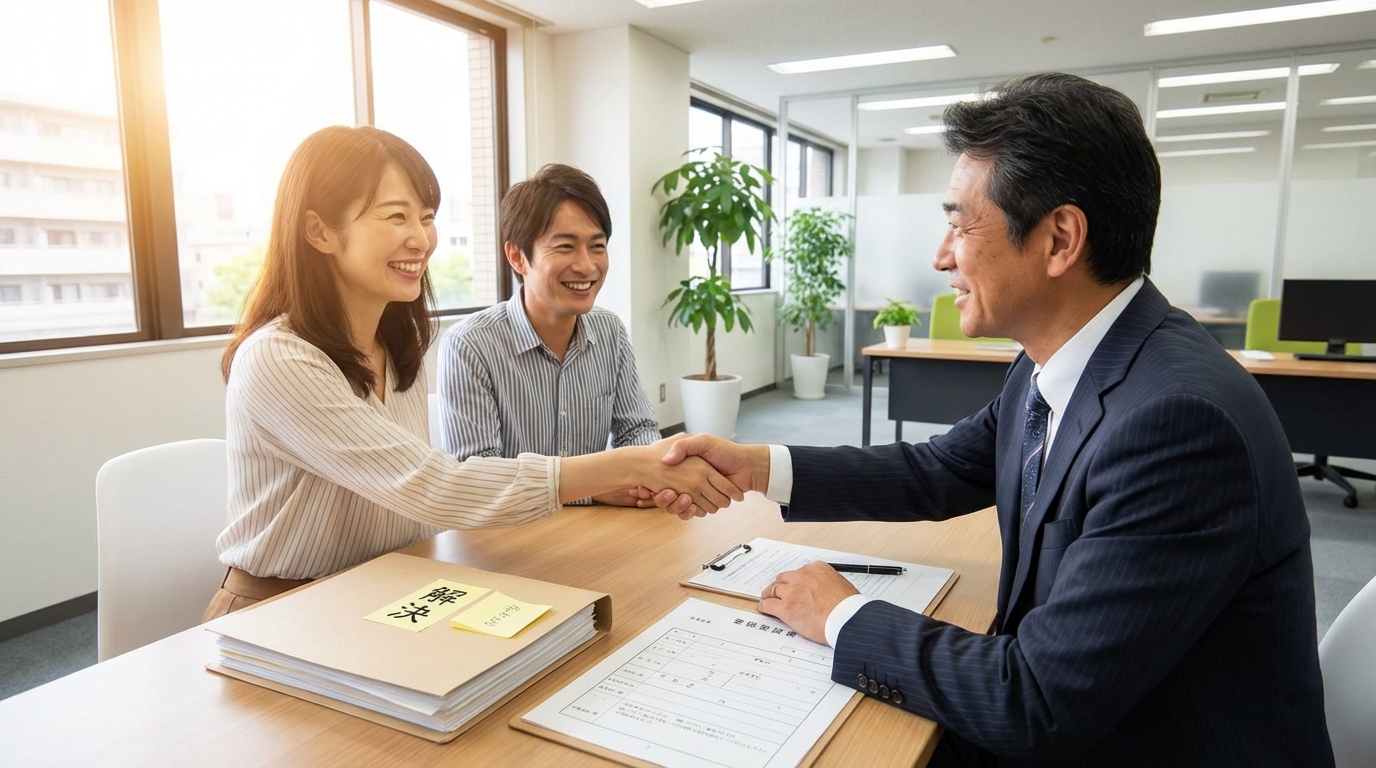 司法書士に相談し、再建築不可物件の問題が解決して安心した表情で握手する相談者。専門家との連携による成功事例をイメージさせる。