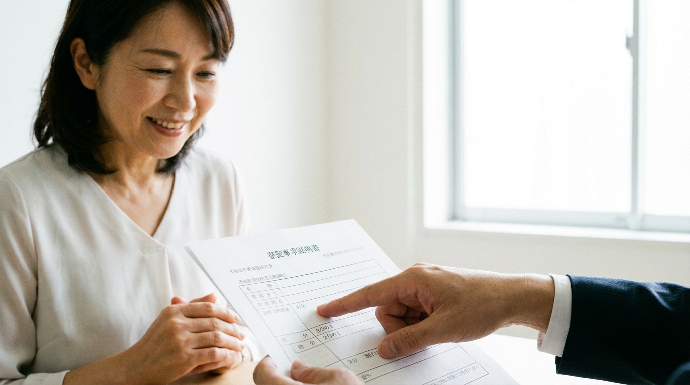 ogai_image_3 | いがり円満相続相談室 登記事項証明書の「持分」欄を指し示しながら、不動産の権利について説明している司法書士。