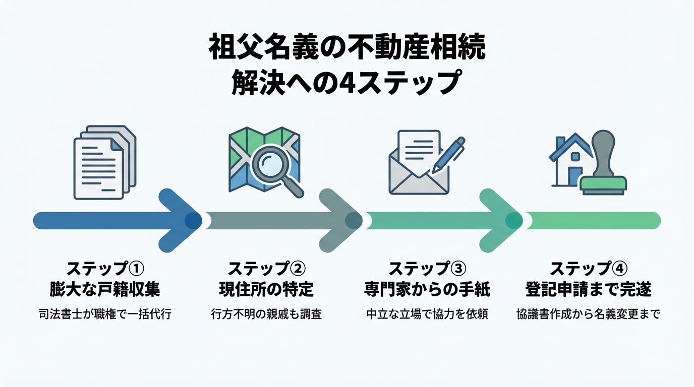 ogai_image_3 | いがり円満相続相談室 祖父名義の不動産相続を司法書士が解決する4つのステップを示した図解。戸籍収集、住所特定、手紙での協力依頼、登記申請までの流れが示されている。