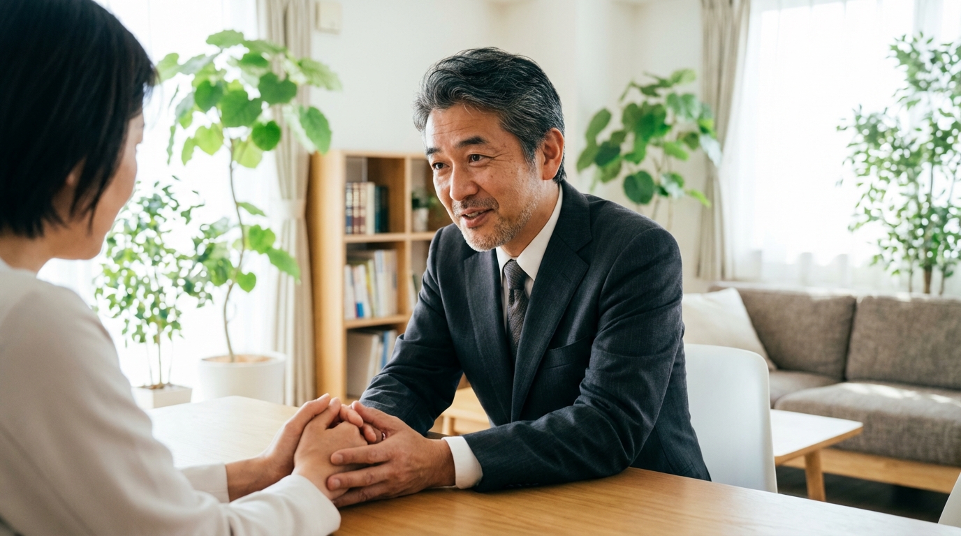 司法書士がDV被害者の相談に親身に乗り、安全な相続手続きの方法について説明している様子。