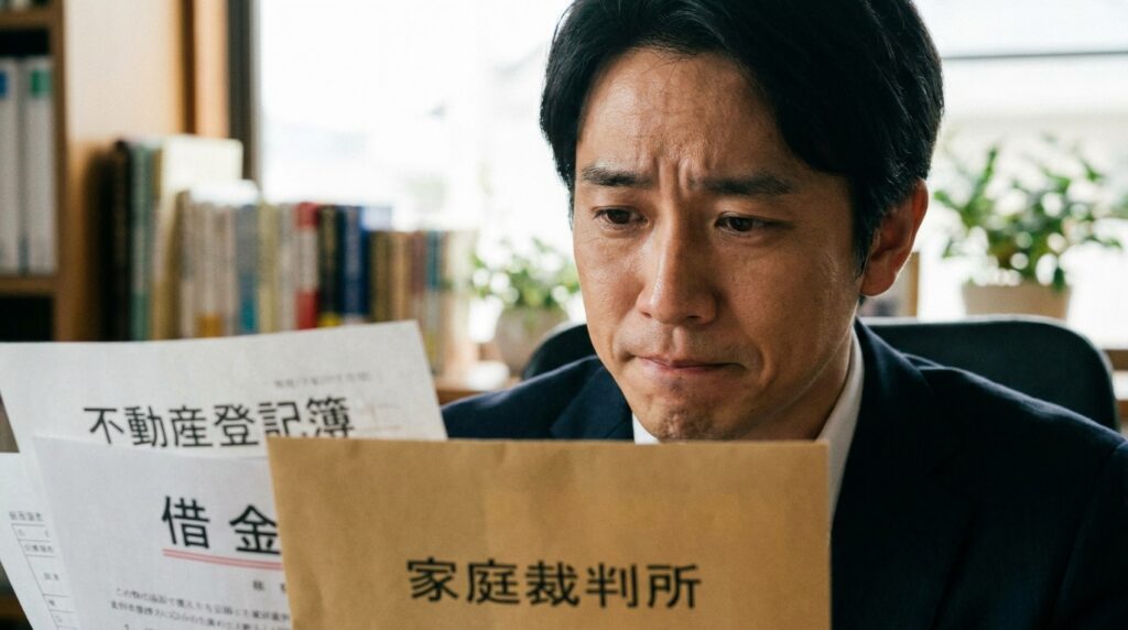 Asian man in a business suit studies Japanese-printed legal documents at a desk, looking thoughtful and focused.