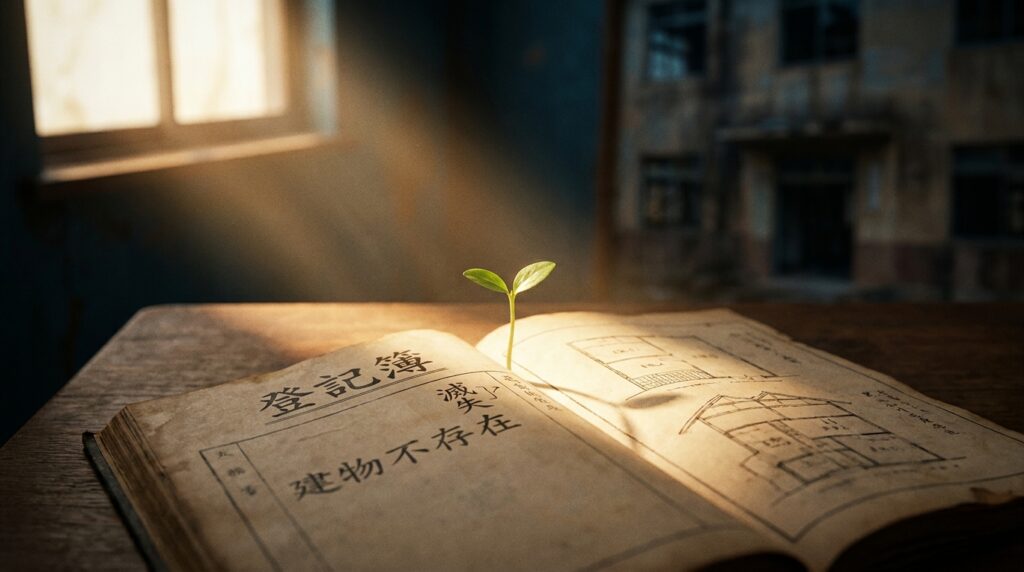 Small green seedling grows from the pages of an open old book on a wooden table, sunlight streaming in.