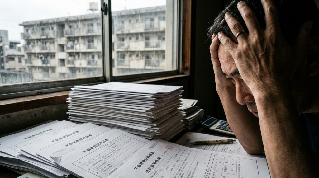 A man sits at a desk with his head in his hands beside a large stack of documents, looking stressed by paper work near a window with buildings outside.