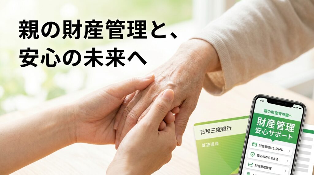 Elderly hand being held by a caregiver, with a smartphone showing a green financial-management app for seniors and a bank card nearby. The Japanese headline reads ‘親の財産管理と、安心の未来へ’—conveying elder asset management and security.
