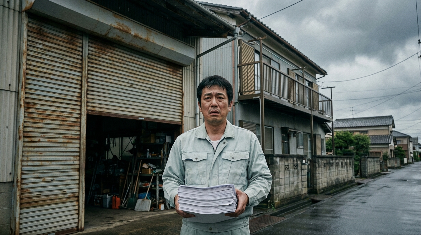 ogai_image_1 | いがり円満相続相談室 実家の町工場の前で相続書類を手に途方に暮れる男性