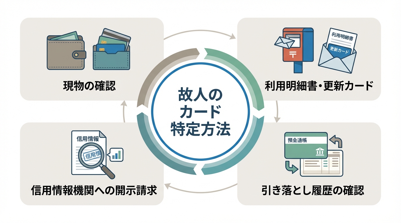 亡くなった人のクレジットカードを特定する4つの方法を図解したインフォグラフィック。財布の確認、郵便物の確認、通帳の確認、信用情報機関への開示請求が示されている。
