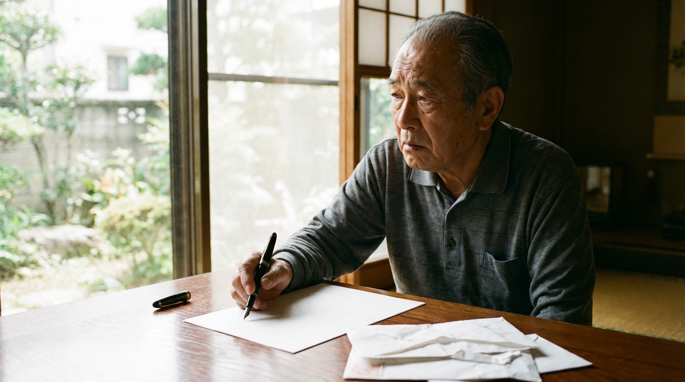 ogai_image_1 | いがり円満相続相談室 手書きでの遺言書作成に負担を感じ、物思いにふける高齢男性。