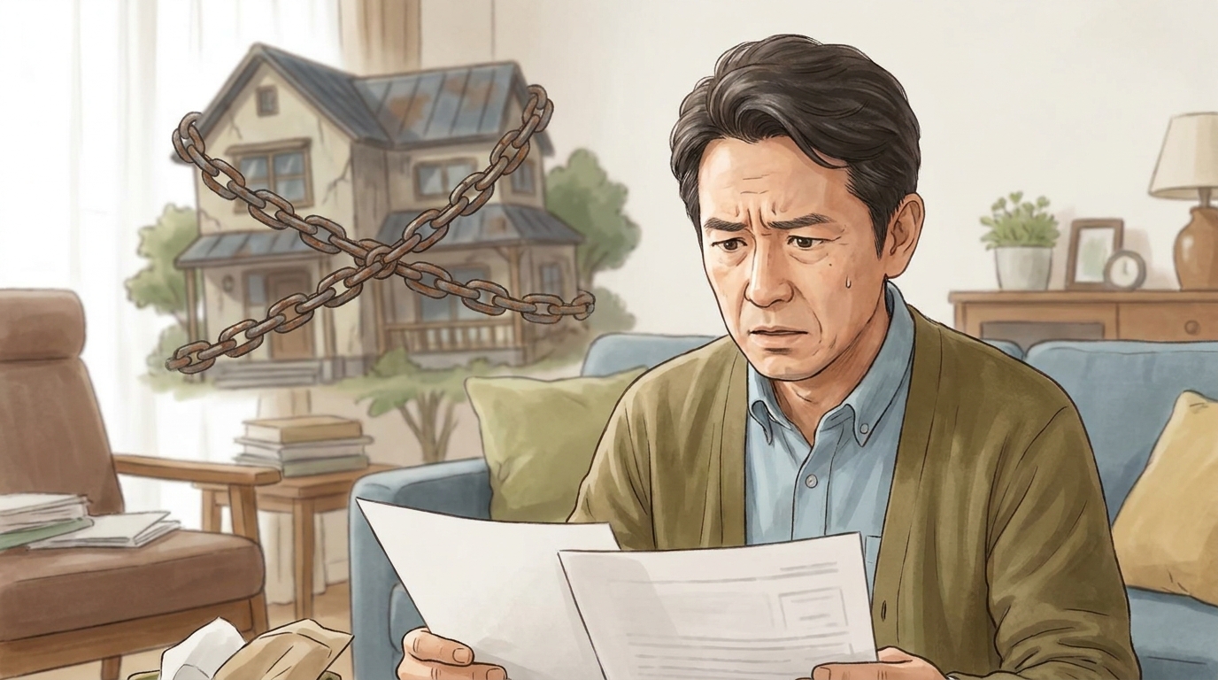 相続放棄の有無が分からず、不動産の相続登記が進まずに困っている男性のイラスト