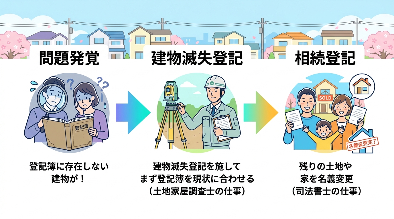 登記簿にない建物の問題解決フロー図。問題発覚から建物滅失登記、そして相続登記へと進む3ステップをイラストで解説。