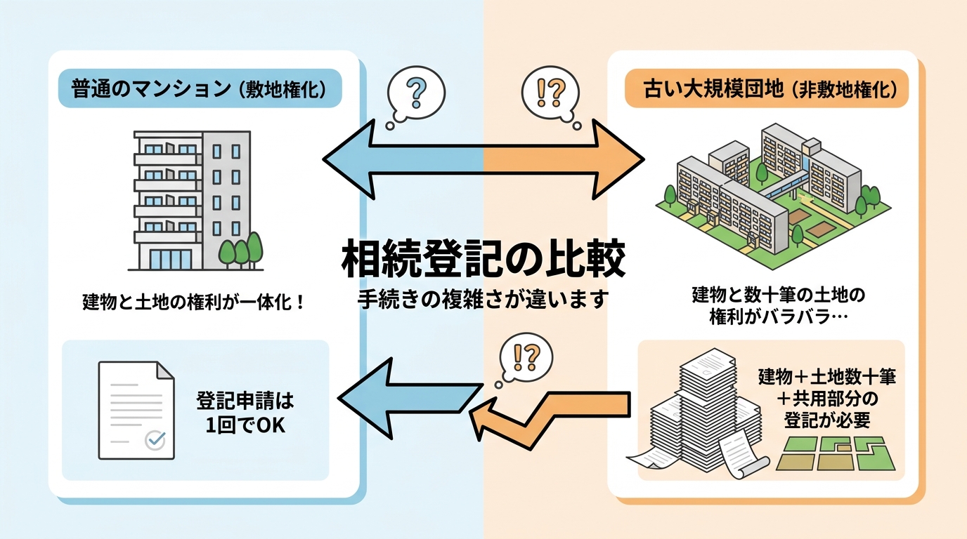 敷地権化された一般的なマンションと、非敷地権化の古い大規模団地との相続登記の違いを比較した図解。普通のマンションは登記申請が1回で済むのに対し、古い団地は建物と数十筆の土地、共用部分など多数の登記が必要なことが示されている。