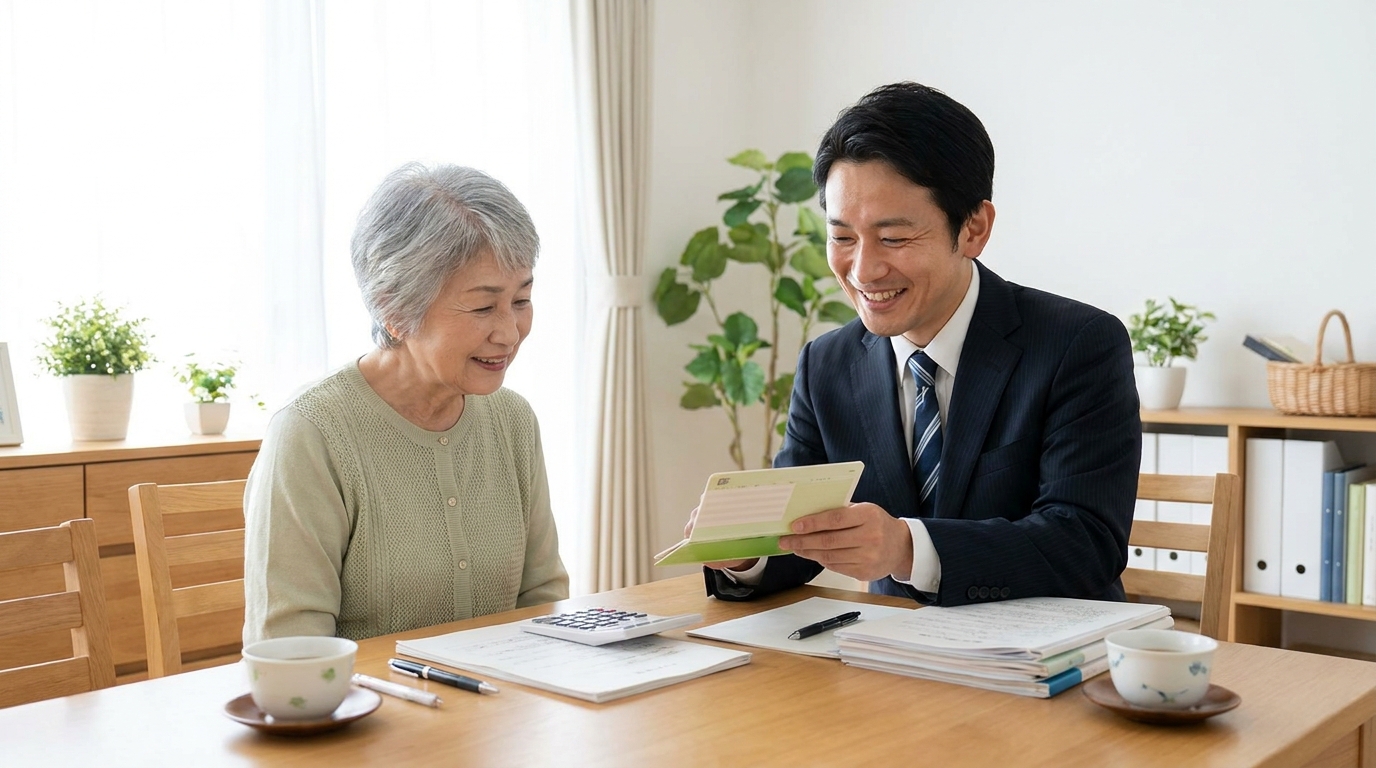 司法書士が成年後見人として財産調査を行い、不要な引き落としがないか通帳を確認している様子。