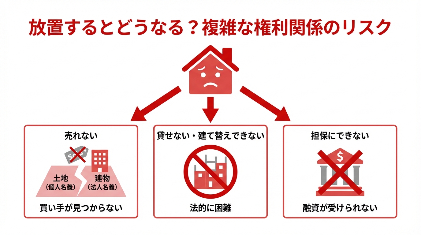 ogai_image_2 | いがり円満相続相談室 土地が個人名義、建物が法人名義の不動産を放置する3つのリスクを示した図解。「売れない」「貸せない・建て替えできない」「担保にできない」という問題点を解説。