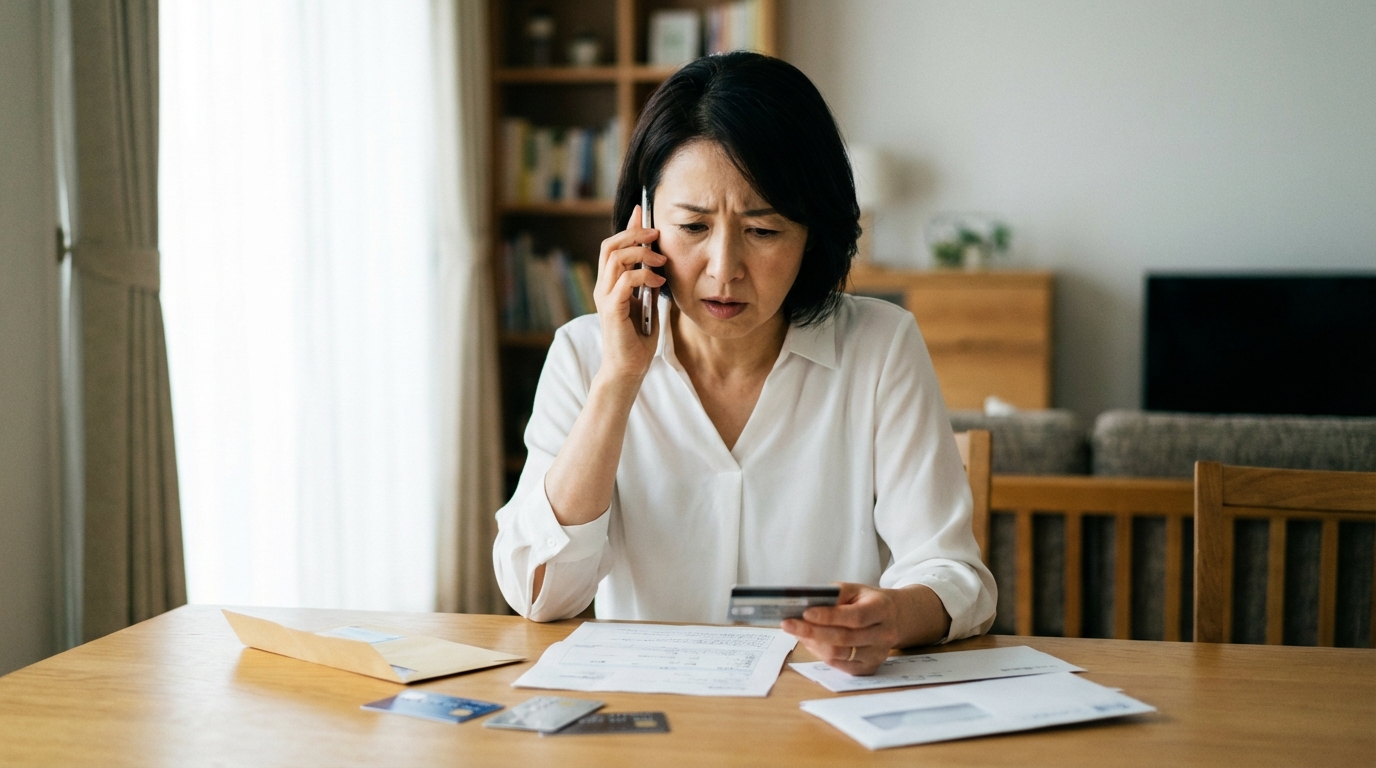 故人のクレジットカードの解約手続きについて、困った表情でカード会社に電話をかける遺族の女性。