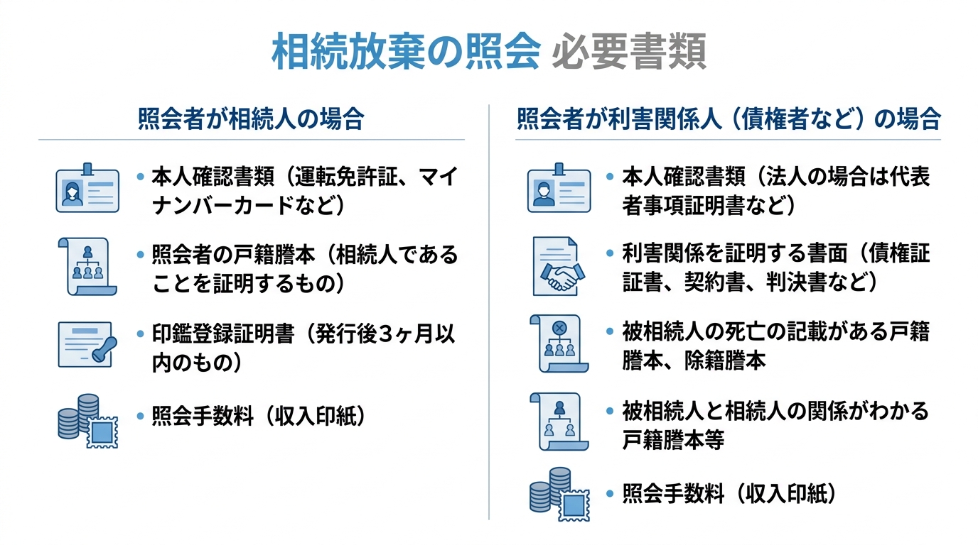 相続放棄の有無の照会手続きに必要な書類を、照会者が相続人の場合と利害関係人の場合に分けてまとめた図解
