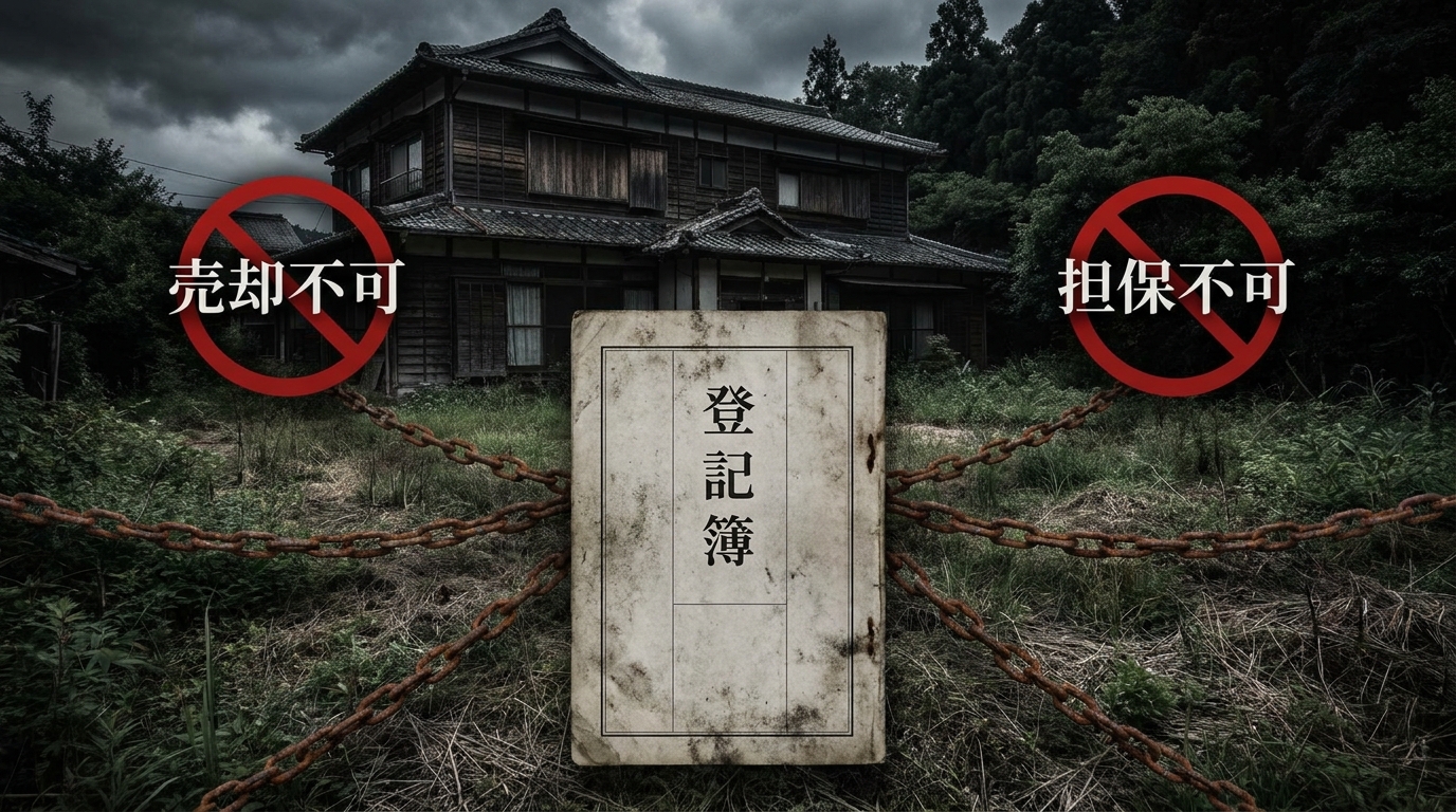 登記簿に存在する幽霊物件を放置するリスクを表現したイラスト。登記簿から伸びた鎖が土地を縛り付け、売却や担保設定ができないことを示している。