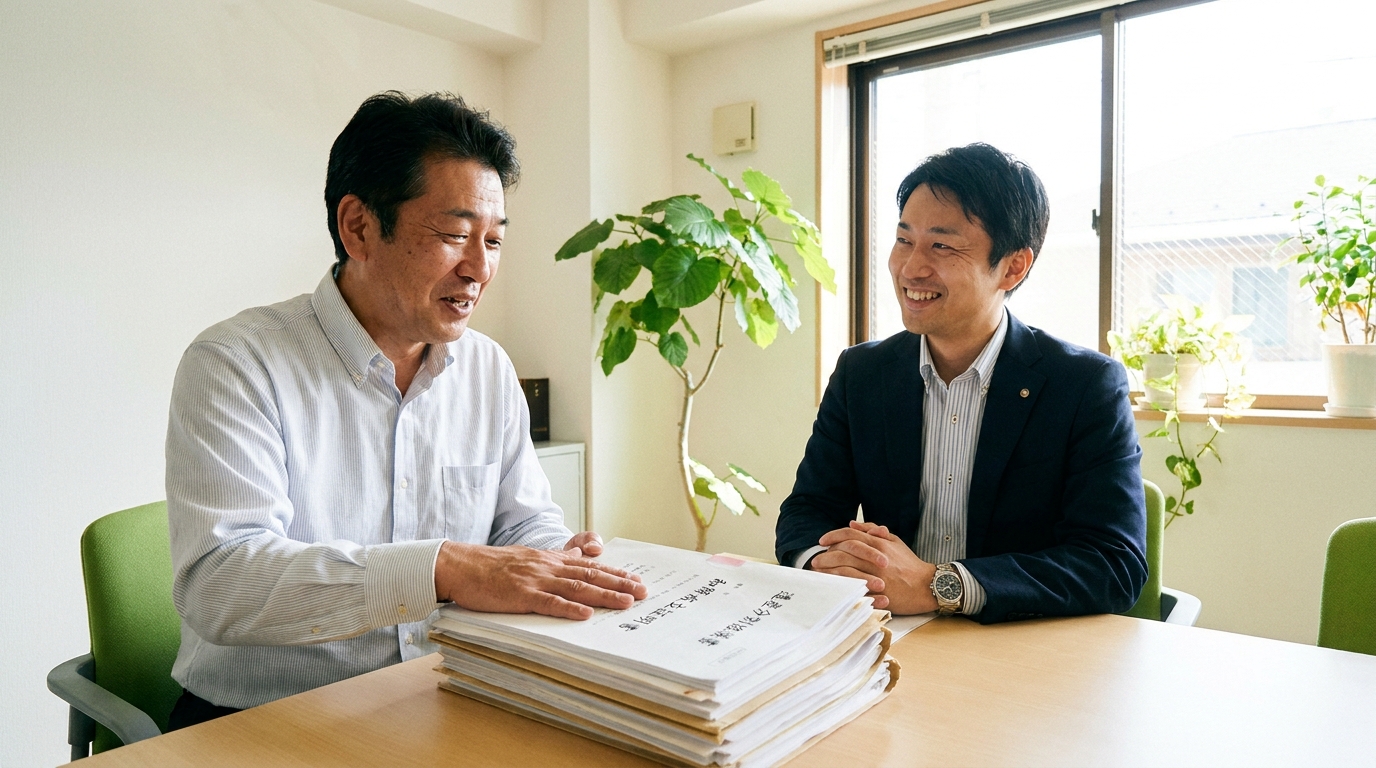 司法書士に相談し、複雑な相続問題が解決して安心した表情を浮かべる50代の男性。目の前のテーブルには解決を示す書類が置かれている。