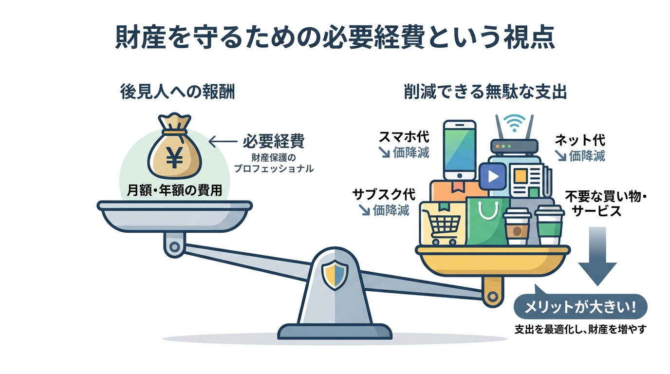 成年後見人の報酬と、不要契約の解約によって削減できる支出を天秤で比較し、財産を守るメリットが大きいことを示す図解。