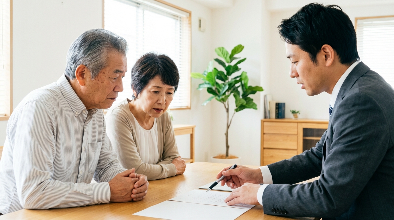 司法書士から成年後見制度の注意点について説明を受ける老夫婦。専門家の話を真剣に聞くことで、制度のメリットだけでなくリスクも理解しようとしている様子。