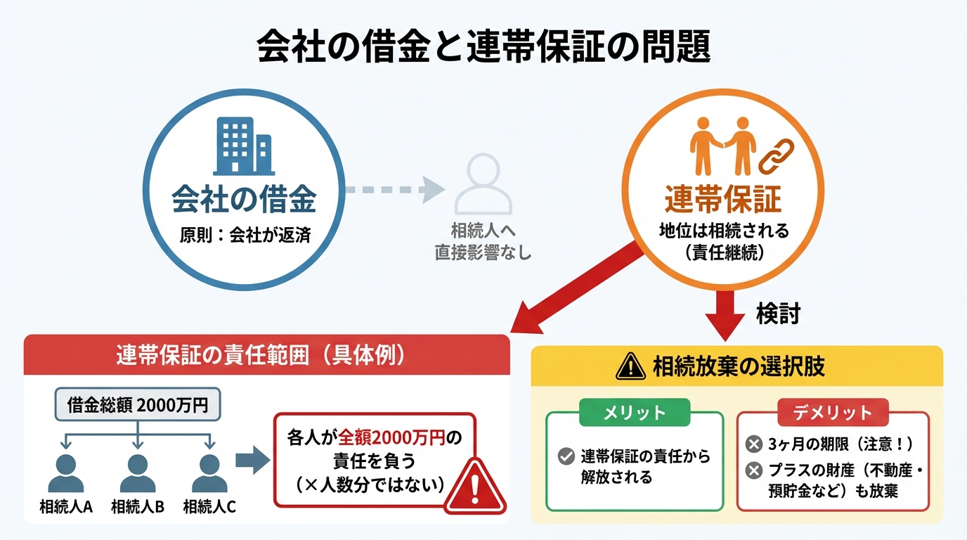 ogai_image_3 | いがり円満相続相談室 会社の借金と連帯保証の問題、および相続放棄の選択肢を解説する図解。