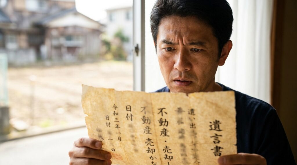 Man holding and reading an old Japanese document with kanji, looking puzzled by its contents.