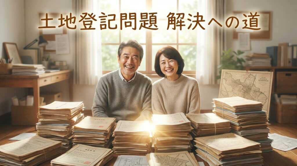 Banner with the Japanese headline 土地登記問題 解決への道 over a smiling elderly couple seated among stacks of land records and maps in a sunlit study, conveying a solution-focused message.