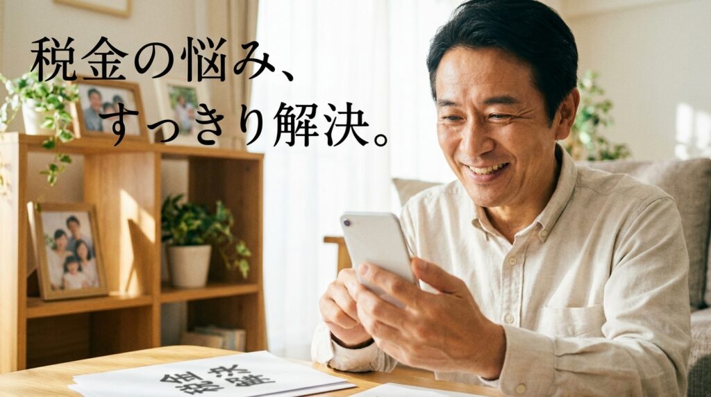 家でスマホを操作する笑顔の男性。上部に『税金の悩み、すっきり解決。』という日本語の文言が読める。