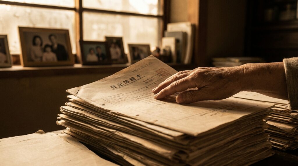 A weathered stack of documents on a desk, a hand resting on top, with family photos on a sunlit windowsill in the background.