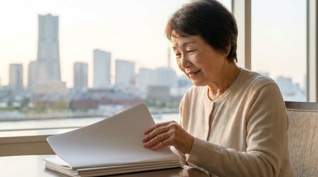 Elderly woman reading a stack of papers at a table by a window with a city skyline in the background.