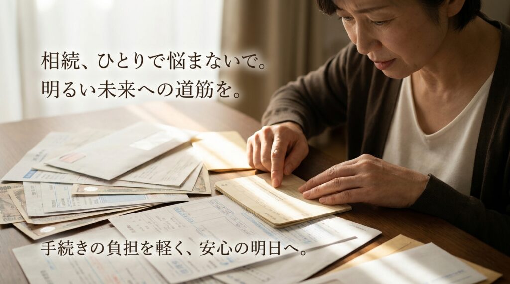 相続を一人で悩まないでと伝える、書類の山の前でノートを開く女性の様子。