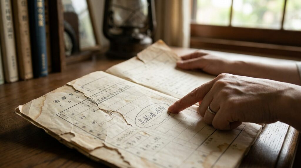 Hands tracing a faded Japanese document on a wooden desk, with a ring on the finger and a window in the background.