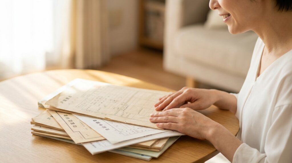A person in a white shirt rests hands on a stack of Japanese documents on a wooden table.