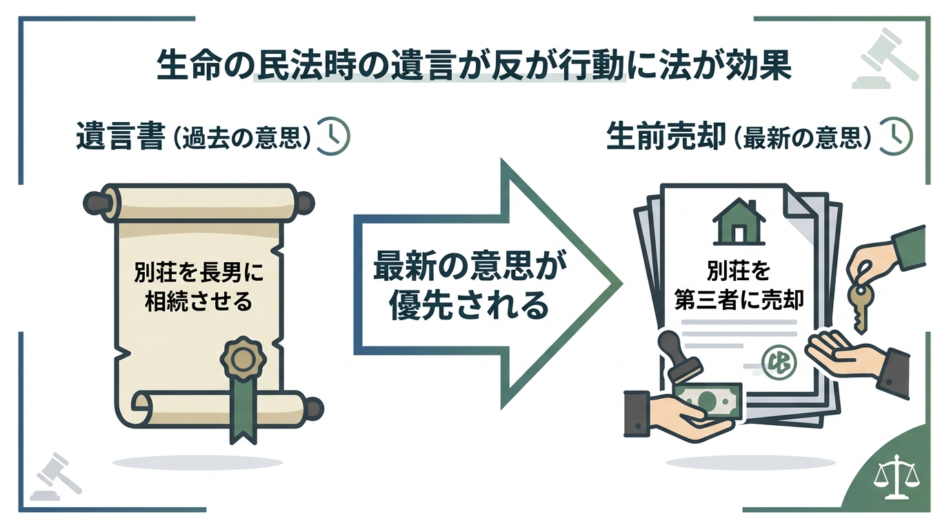 遺言書の内容より生前の売却が優先されることを示す図解。遺言書という過去の意思よりも、売却という最新の意思が優先されることを矢印で示している。