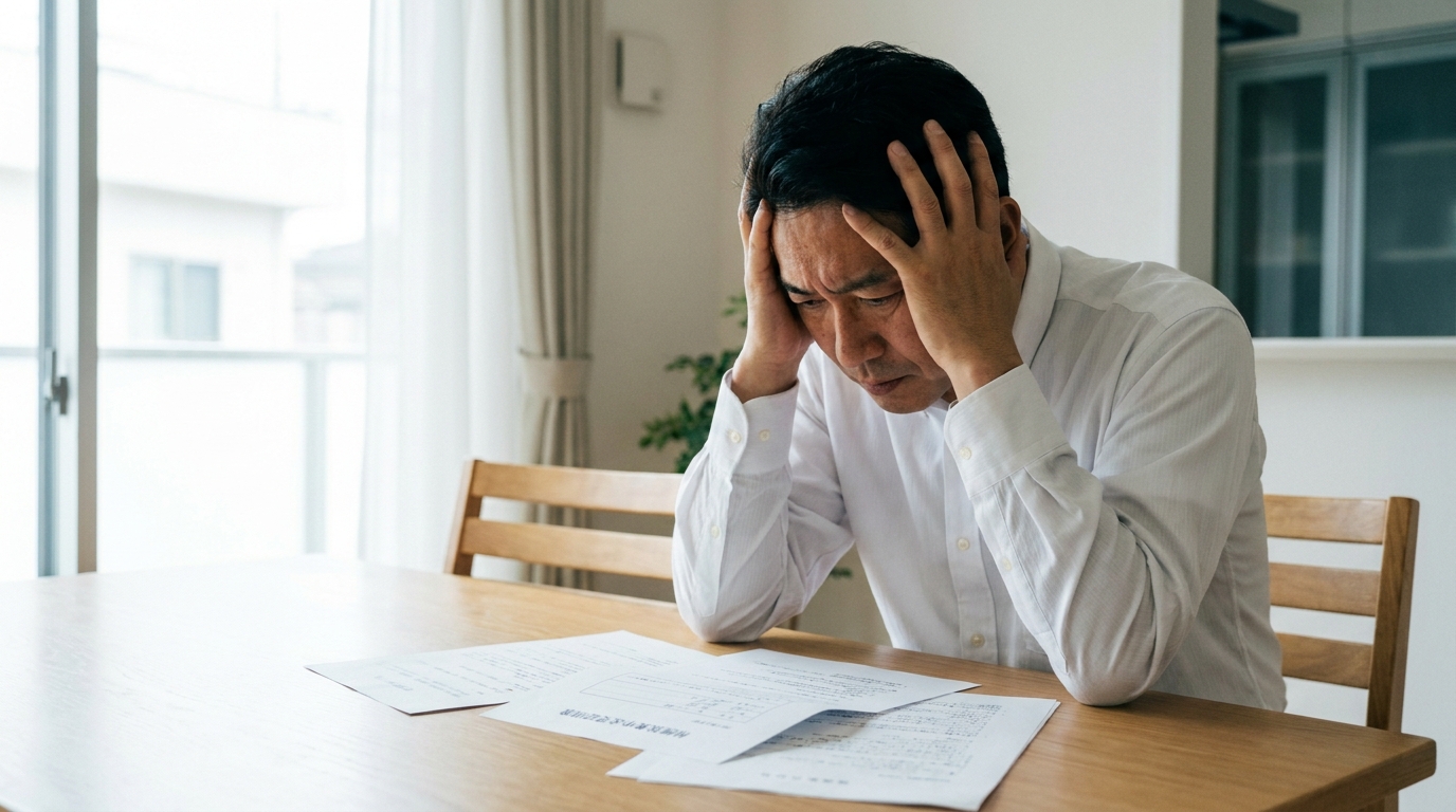 ogai_image_1 | いがり円満相続相談室 相続放棄の書類を前に、相続税について悩み頭を抱える男性。