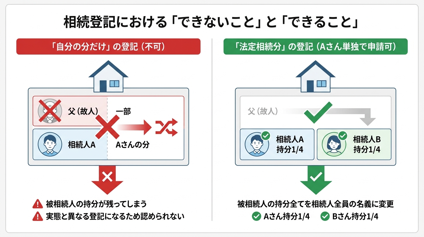 相続登記で自分の持分だけ登記することと、法定相続分で全員分を登記することの違いを比較した図解。前者は不可、後者は可能であることが示されている。