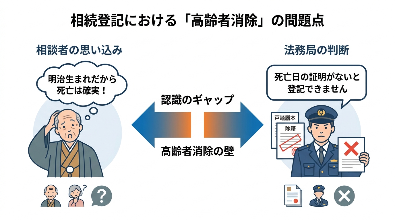 ogai_image_1 | いがり円満相続相談室 相続登記で「高齢者消除」が問題となる理由を図解。「亡くなっているはず」という常識と「死亡日の証明が必要」という法務局の判断のギャップを示している。