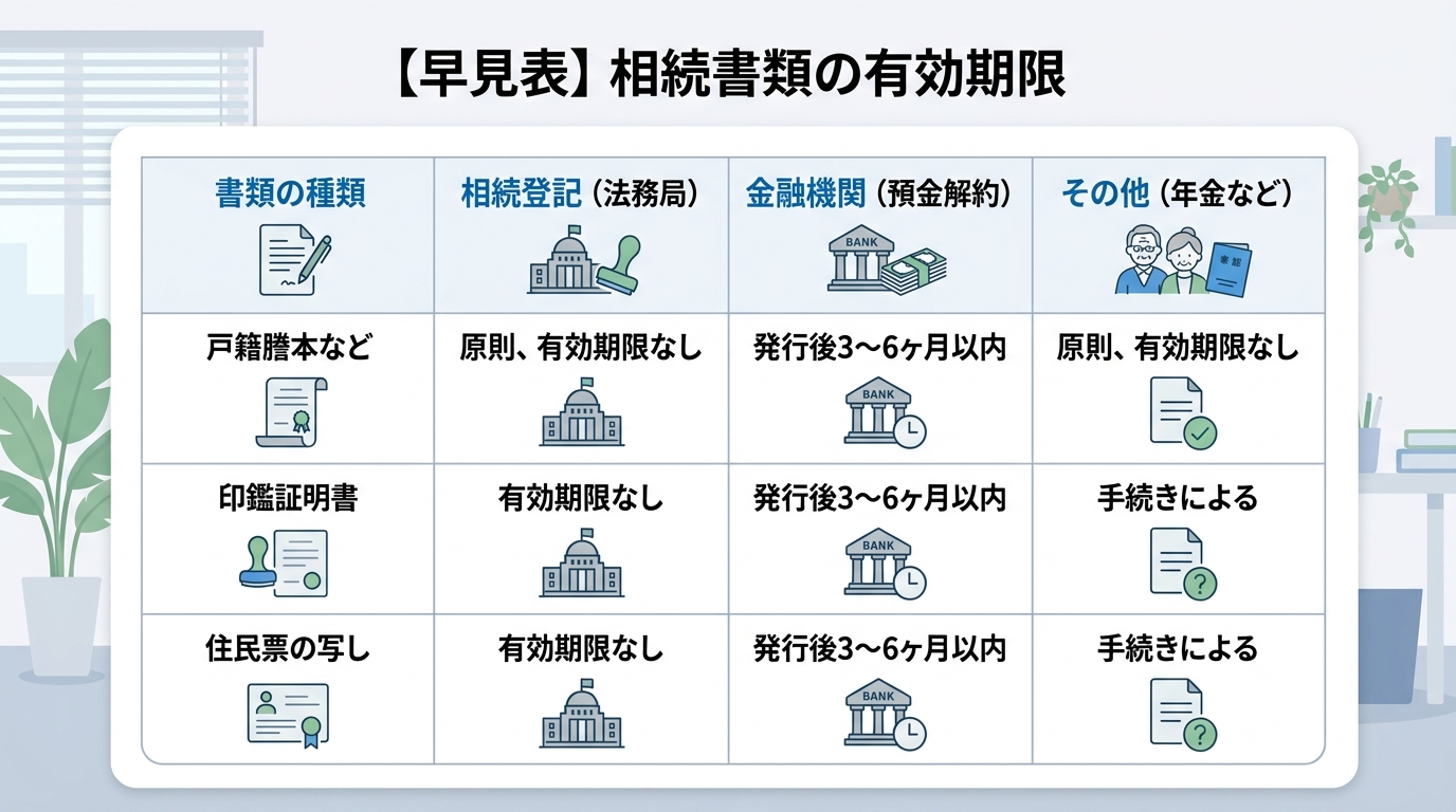 相続登記で必要な書類の有効期限を提出先別にまとめた一覧表。法務局、金融機関、その他での戸籍謄本や印鑑証明書の扱いの違いがひと目でわかる。