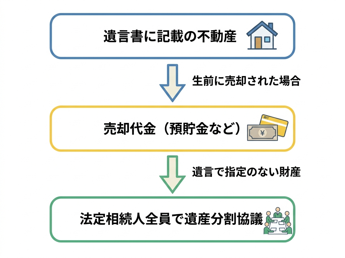 売却された不動産の代金の行方を示すフローチャート。遺言に記載のない財産となり、最終的に法定相続人全員での遺産分割協議の対象となる流れを図示している。