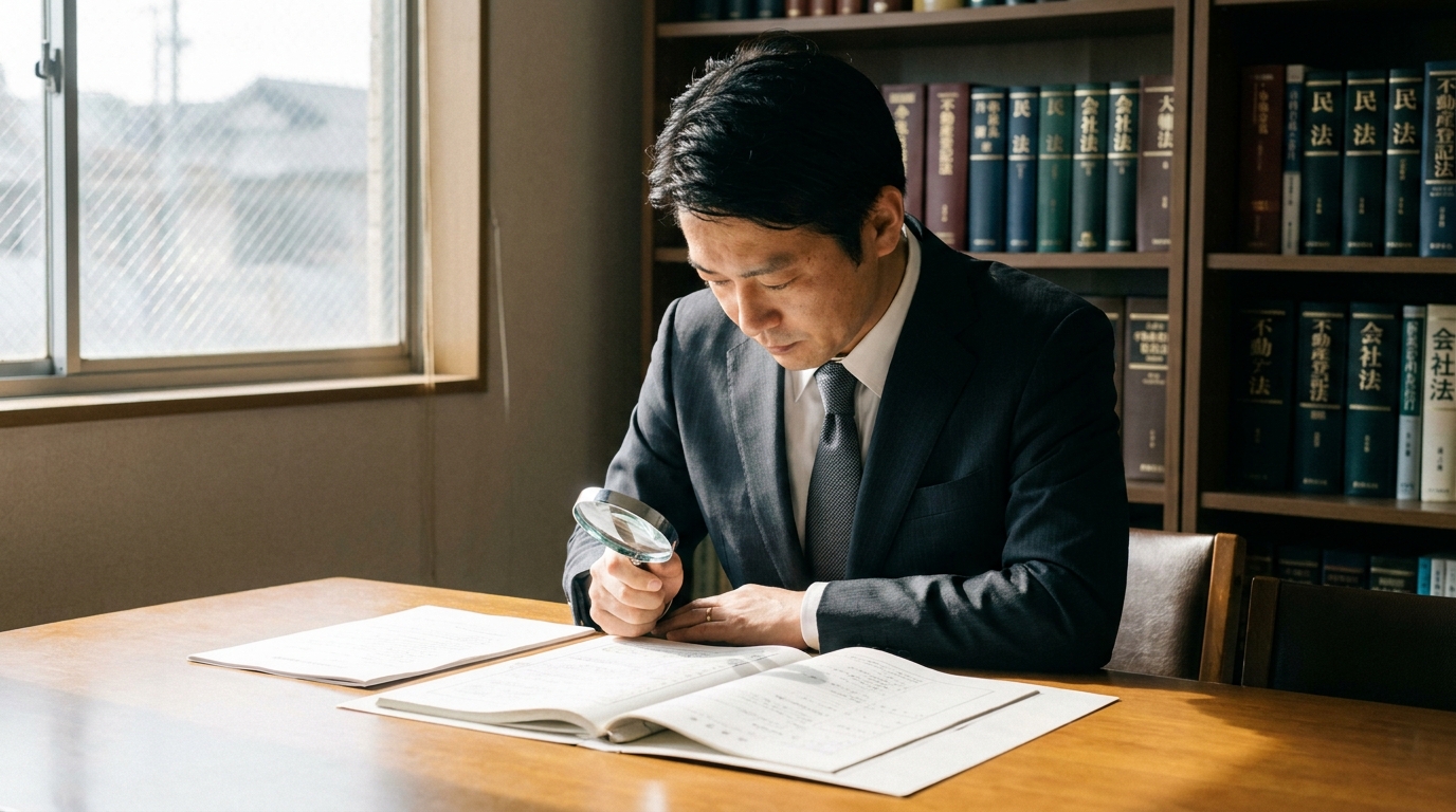 司法書士が相続登記に関する書類を真剣に確認している様子。専門家への相談の重要性を象徴している。