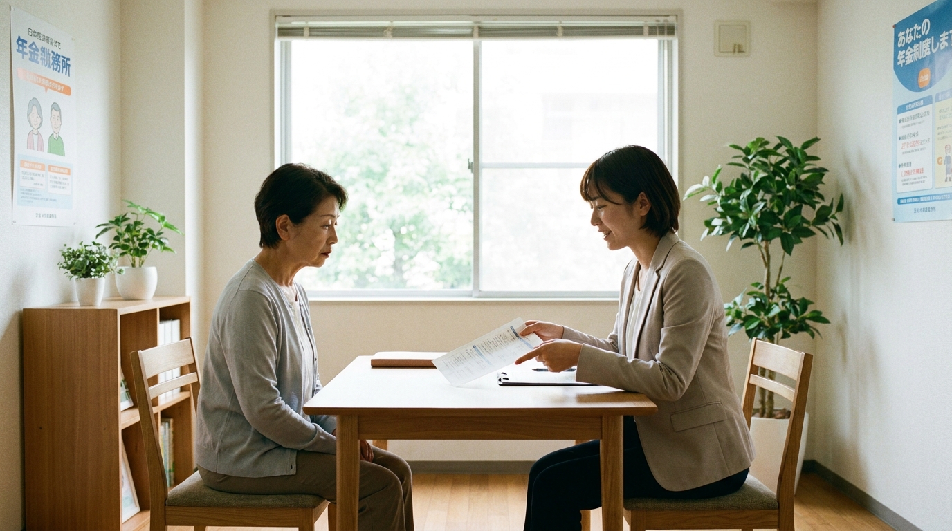 年金事務所で年金受給停止手続きについて相談している様子。専門家が丁寧に説明している。