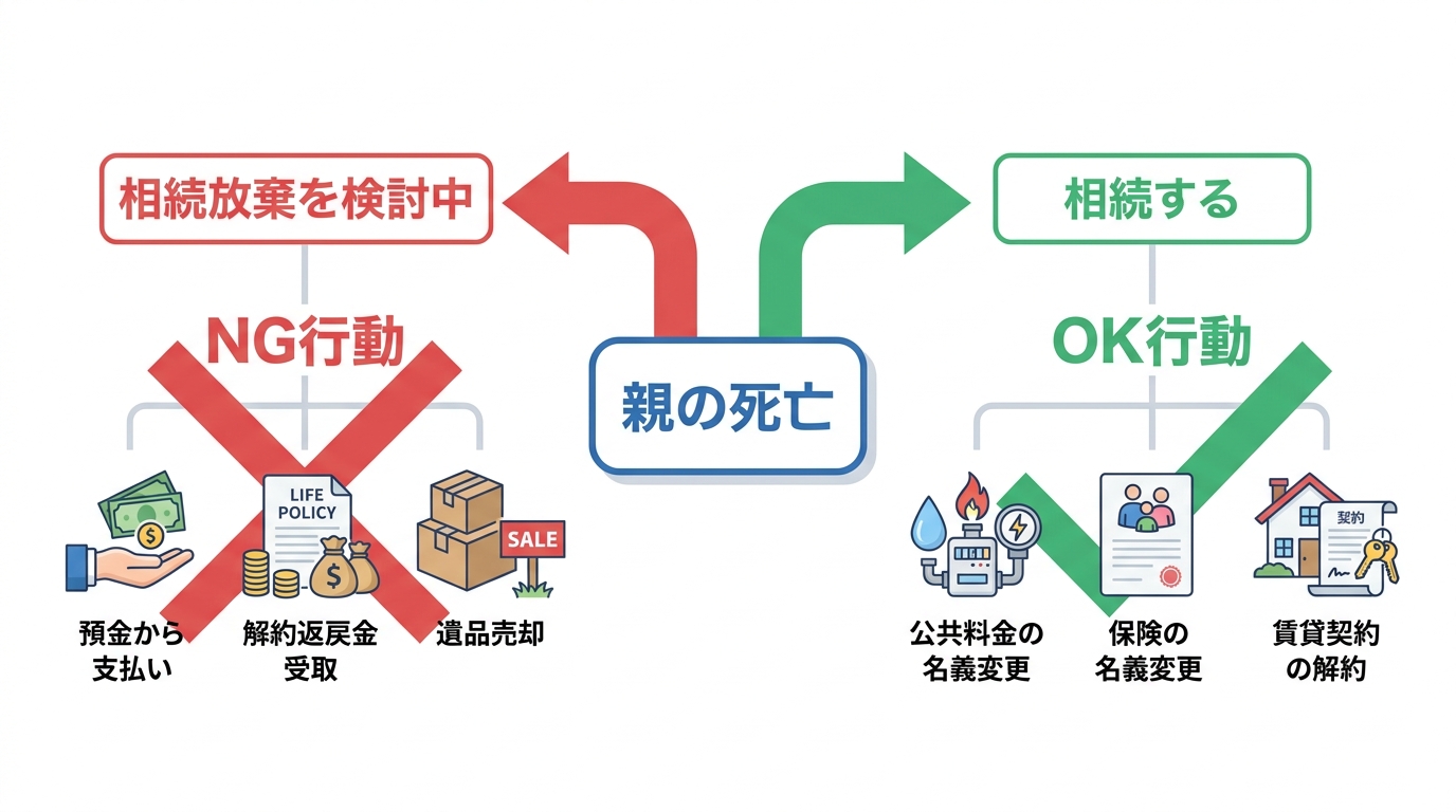 親の死亡後の契約整理について、相続放棄を検討する場合としてはいけない行動と、相続する場合に行うべき行動を比較した図解。