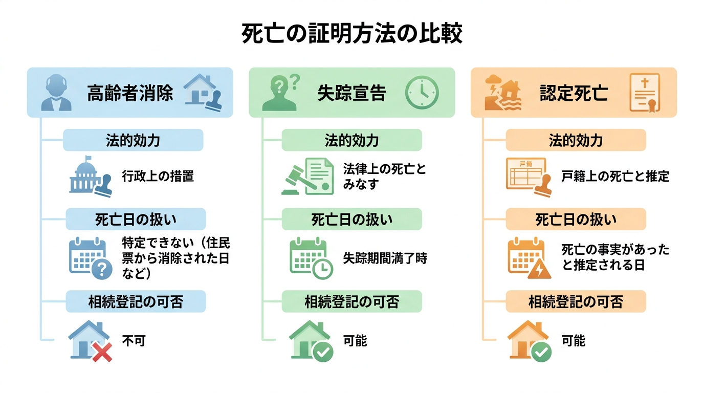 ogai_image_2 | いがり円満相続相談室 「高齢者消除」「失踪宣告」「認定死亡」の3つの制度の違いを比較する図解。法的効力、死亡日の扱い、相続登記の可否についてまとめている。